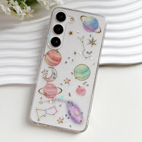 for Samsung Galaxy S23 Clear Case with Glitter Stars Planet Universe Design,Sparkle Bling Cute Slim Soft TPU Protective Women Girl's Phone Cover f...