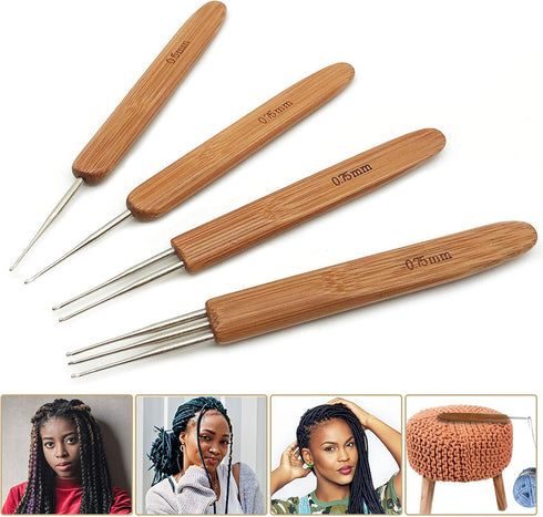 4pc Dreadlock Crochet Needle Hook for Hair Tool 0.75 0.5mm Crochet Hooks Needle for Hair Dreadlocks Bamboo Handle Weaving Needles Steel Crochet Ho...