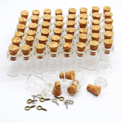 LEFV 50 Mini Glass Bottles 1-inch Message Treasure Charm Pendant Kit Makes Bottle Pendants 1ml Clear Vials with Corks & 50pcs Eye Screws - Miniatu...