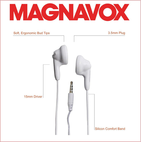 Magnavox MHP4820-WH Gummy Earbuds in White | Available in Pink, White, Black, Blue, & Teal | Earbuds Gummy | Extra Value Comfort Stereo Earbuds | ...