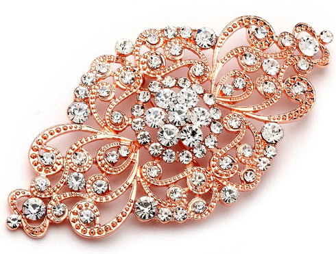 Mariell Vintage Bridal Crystal Brooch Pin, 4" Wide, Rose Gold Wedding Pin, Rhinestone Brooch for Brides and Wedding, Art Deco Fashion Accessory...