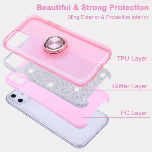 Wisdompro Case for iPhone 11, Cute Glitter Bling Sparkly Case with Ring Stand, Women Girls Protective Phone Case Cover for iPhone 11 6.1 inch - Pi...