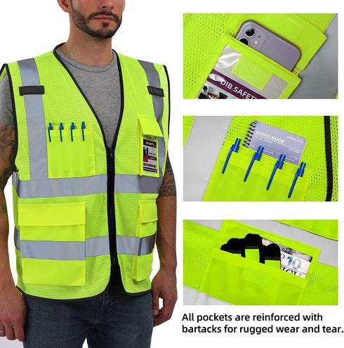 Reflective Vest Mesh, High Visibility Vest with Pockets and Zipper, Construction Work Vest ANSI Class 2,Yellow Mesh S...