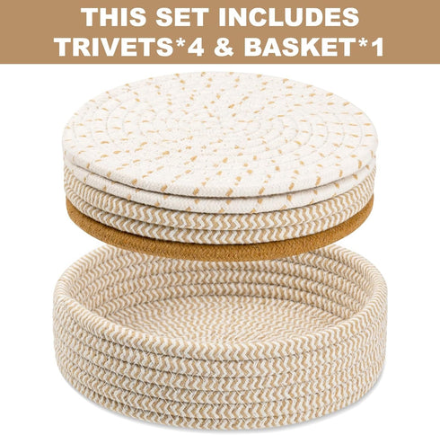 Trivets for Hot Dishes, Trivets for Hot Pots and Pans, Cotton Coasters 5 Pcs and Storage Basket 1 Pack, Pot Holders for Kitchen, Hot Pads for Tabl...