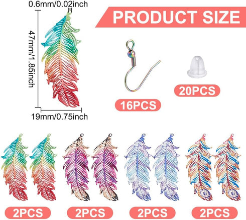DELORIGIN 16pcs Rainbow Feather Charms Earring Making Kit Stainless Steel Linking Pendant Earring Component Connectors with 16pcs Earring Hooks Ju...