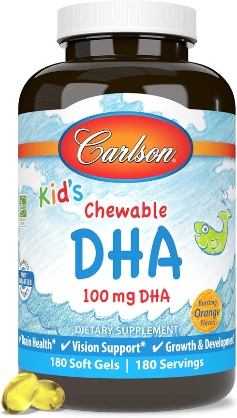 Carlson - Kid's Chewable DHA, 100 mg DHA, Brain Health, Vision Function, Growth & Development, Orange, 180 Chewable Softgels...