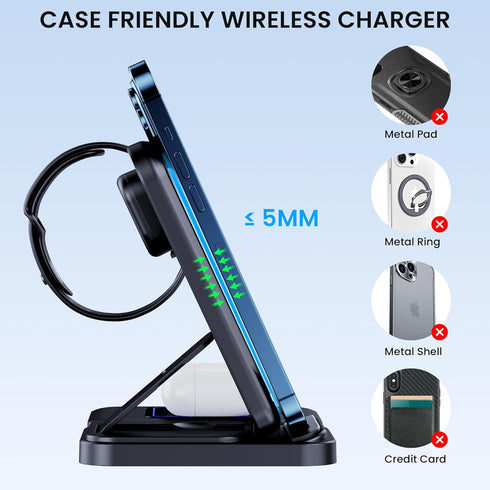 Wireless Charging Station, 3 in 1 Wireless Charger Stand, Foldable Wireless Charging Dock for iPhone14/13/12/11/Pro/Max/XS, Fast Charging Dock for...