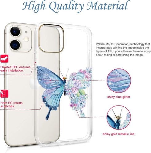 JAHOLAN Compatible with iPhone 11 Case Purple Glitter Sparkle Butterfly Design Clear Shockproof TPU Hard PC Back Cover Slim Protective Phone Case ...