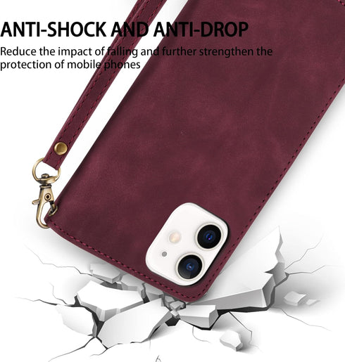 ZZXX for iPhone 12 Pro Wallet Case with Card Slot Premium Soft PU Leather Zipper Folio with Wrist Strap Kickstand Protective for iPhone 12 (Wine R...