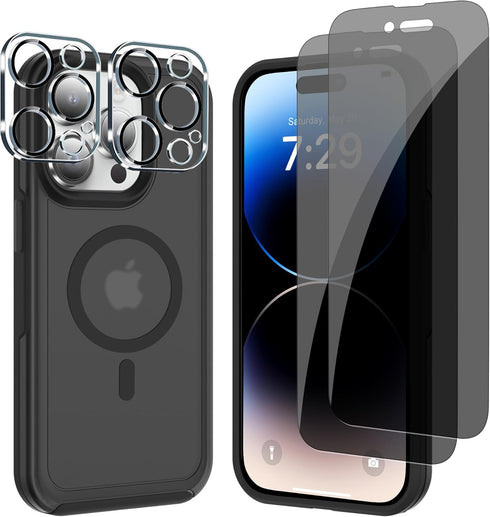 for iPhone 14 Pro (5 in 1) MagSafe Shockproof Anti-Drop Cover Case with Anti-Spy Glass Screen Protector, Camera Lens Protector, and Clean Kits - C...