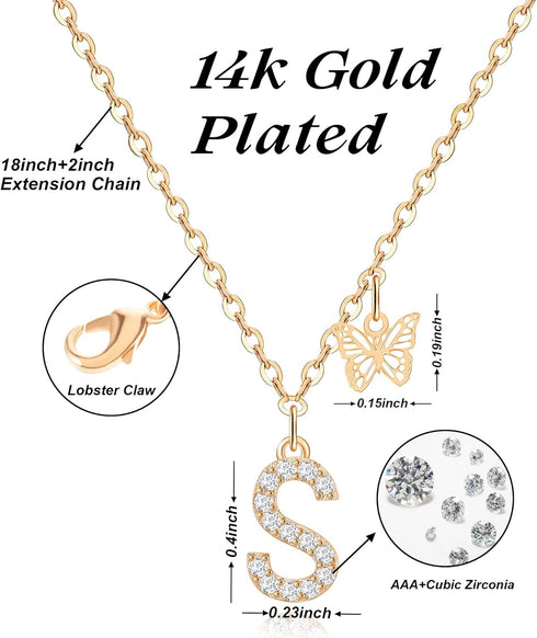 MJartoria Dainty Initial Necklace Butterfly Pendant Necklace, 14K Gold Plated Cubic Zirconia Letter Dainty Necklaces Jewelry Birthday Gifts for Wo...