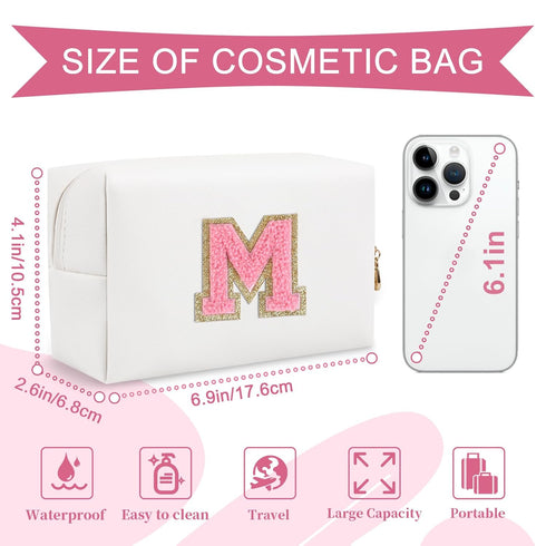 Personalized Makeup Bag Initial A-Z Preppy Patch Bag,Small PU Leather Travel Cosmetic Bag Pouch with Zipper,White Cute Toiletry Bag,Gift Ideal for...