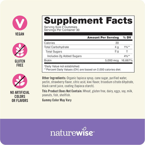 NatureWise Biotin Gummies - Hair, Skin and Nails Vitamin - Biotin 5000mcg Supports Hair and Nail Strength - Strawberry-Kiwi Flavor - Vegan, Non-GM...