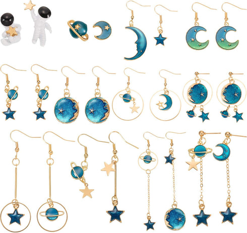 12 Pairs Moon Star Alloy Dangle Earth Planet Asymmetrical Drop Astronaut Stud Earrings Jewelry for Women Girls...