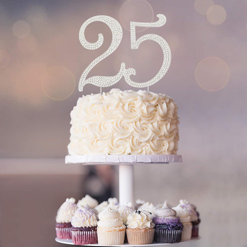 25 Cake Topper - Premium Silver Metal - 25th Birthday or Anniversary Party Sparkly Rhinestone Decoration Makes a Great Centerpiece - Now Protected...