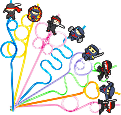 24 Ninja Drinking Crazy Straws for Kids | Ninja Themed Warrior Birthday Party Supplies Favors Decorations with 24 PVC Charm, 2 Cleaning Brushes Re...