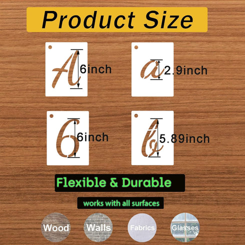 6 Inch Letter Stencils Kits, 66 Pcs Calligraphy Alphabet Stencils and Number Stencils for Painting on Wood, Cursive Lettering Stencil Upper and Lo...