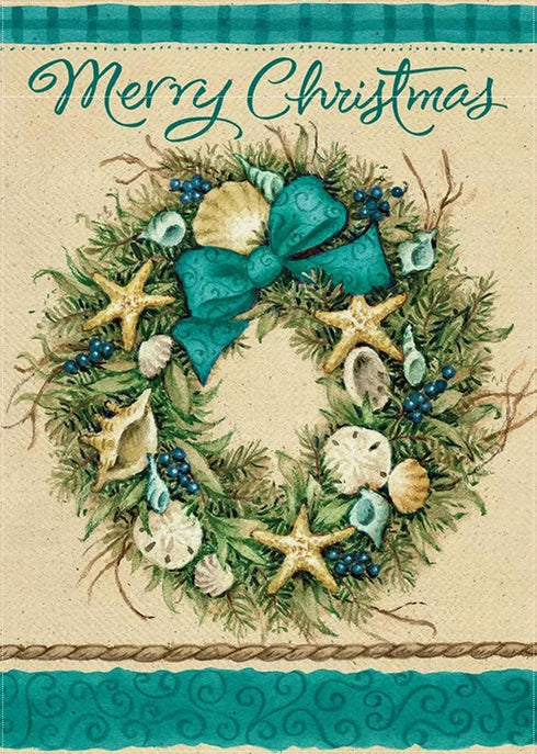 Merry Christmas Coastal Garden Flag, White Xmas Winter Home Decorative House Yard Outside Small Flag Seashell Starfish Wreath Beach Decor, Farmhou...