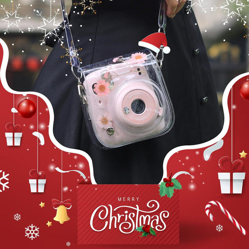 Case for Fujifilm Mini 12/11/9/8 Instant Camera Protective Bag with Transparent Shoulder Strap (Real Flower - Pink)(No Camera)...