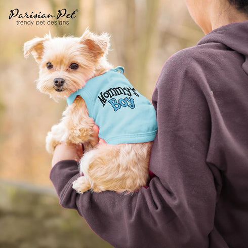 Parisian Pet Dog T-Shirt with Embroidered 'Mommy’s Boy' Words - 100% Cotton Boy Dog Clothes - Breathable Mamas Boy Dog Shirt - Machine Washable Do...