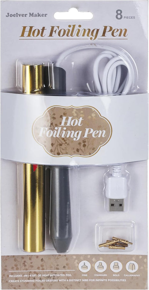 Joelver Maker Hot Foiling Pen with 4 Size Metal Tips &1pc Gold Heat Activated Foil Rolls,Hot Foil Quill Pen for Card Making Scrapbooking Tools, US...