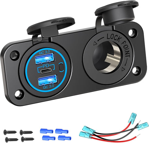 Cigarette Lighter Socket 12 Volt Plug,Qidoe Dual Quick Charger3.0 and PD 20W Waterproof 12 Volt USB Outlet with 150W 12V Cigarette Socket Panel fi...