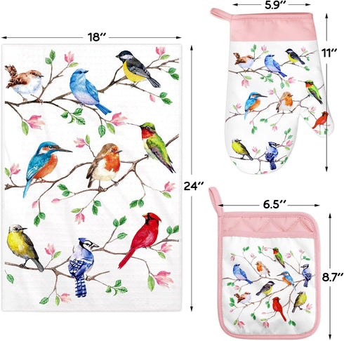 Vansolinne Birds Kitchen Dish Towels Pot Holder Oven Mitt with Loop Kit Spring Gifts for Bird Lovers Teacher Women Mom Birdies on Wire Cardinal Hu...