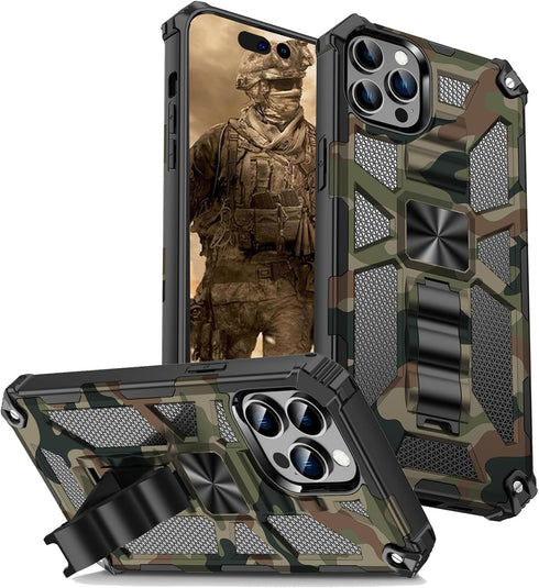 CCSmall Camouflage Case for iPhone 15 Pro with Metal Kickstand, Camo Phone Cover Built-in 360° Rotate Ring Stand Case for iPhone 15 Pro MC Army Gr...