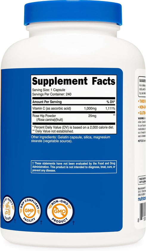 Nutricost Vitamin C with Rose Hips 1025mg, 240 Capsules - Vitamin C 1,000mg, Rose hips 25mg, Premium, Non-GMO, Gluten Free Supplement...