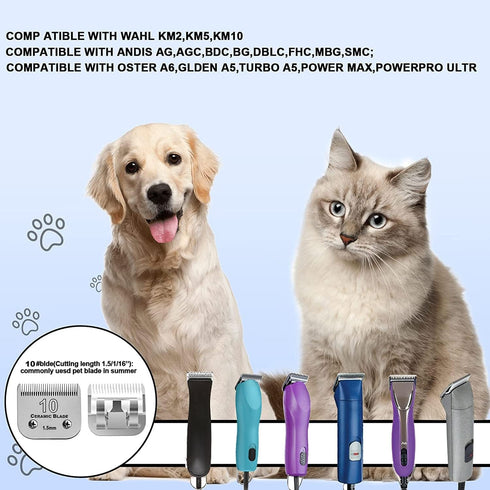 10 Blade Dog Grooming Clipper Replacement Blades Compatible with Andis Dog Clippers,Detachable Ceramic Blade & Stainless Steel Blade,Size-10, 1/16...