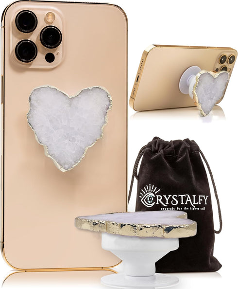 Grips by CRYSTALFY Crystal Phone Grip & Phone Stand Authentic Natural Heart Shaped Clear Quartz Druzy Swappable Top, Expandable Collapsible Holder...