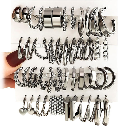 24 Pairs Black Silver Earring Set For Women, Chunky Earring Multipack Punk Trendy Big Small Stud Hoop Earring Lightweight Twisted Pearl Ear Pack F...