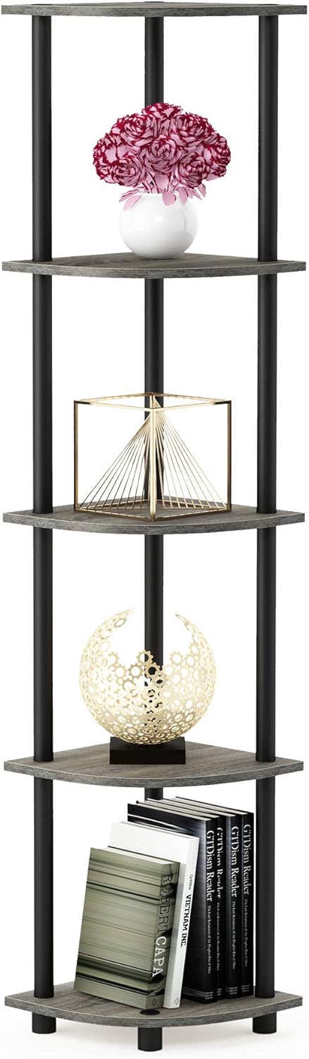 Furinno Turn-N-Tube 5 Tier Corner Display Rack Multipurpose Shelving Unit, 1-Pack, French Oak Grey/Black...