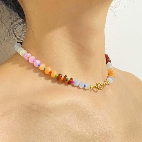 Beaded Gemstone Necklace for Women,Trendy Boho Colorful Rainbow Beaded Choker Necklace,Natural Stone Necklace Surfer Beach Necklace,Summer Handmad...