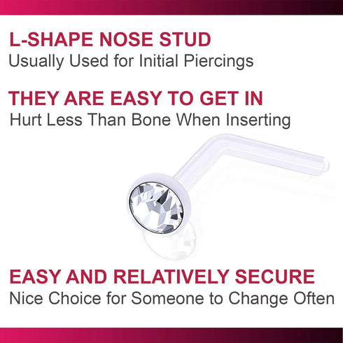 4pcs 20g 0.8mm L Nose Studs Flexible Acrylic Nostril Screw Rings Piercing 2.5mm Crystal BOAM Pick Color...
