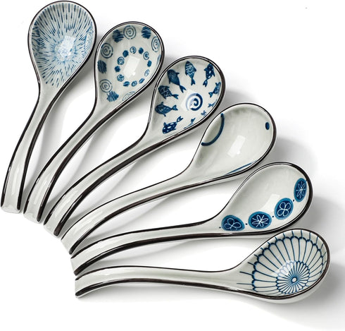 Ceramic Soup Spoons Set of 6 Asian Soup Spoon Ceramic Ramen Spoons, Long Handle Japanese Soup Spoon for Dumpling, Noodles, Miso, Chinese Wonton...