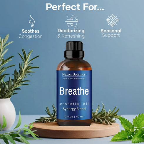 Breathe Essential Oil Blend 60 ml - Breath Sinus Relief with Menthol Oils - for Humidifiers, Diffusers, and Aromatherapy - Nexon Botanics...