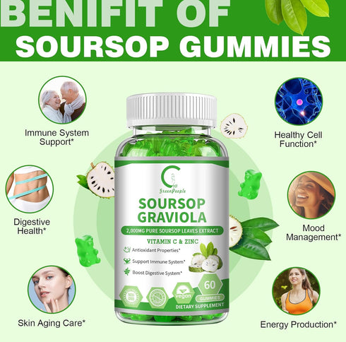 Soursop Graviola Gummies | 2,000mg Soursop Leaves Extract for Energy Boost, Digestive & Immune Support, Antioxidant Properties, Pure Soursop Fruit...
