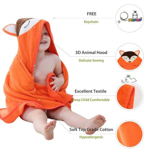 MICHLEY Animal Hooded Baby Towel Washcloth, Toddler Premium Cotton Absorbent Bathrobe for Girls Boys 0-6T (Fox)...