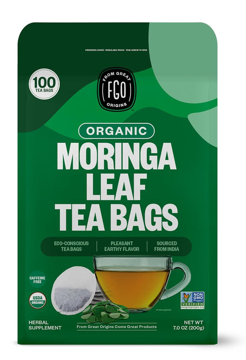 FGO Organic Moringa Tea, 100 Count, Eco-Conscious Tea Bags, Resealable Bag, Caffeine Free, Packaging May Vary (Pack of 1)...