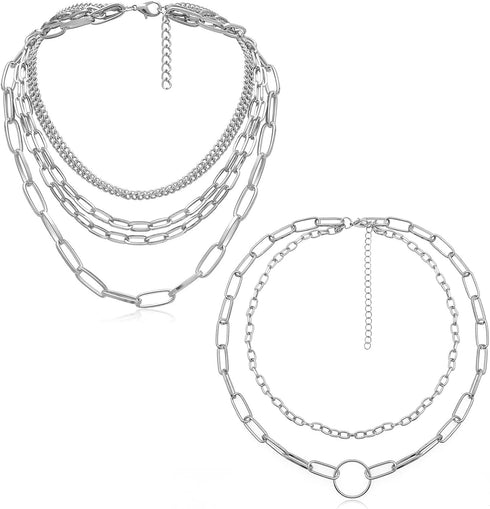 Silver Layered Necklaces for Women Simple Punk Chunky Necklaces Silver Chain Goth Necklace (2pcs Silver)...