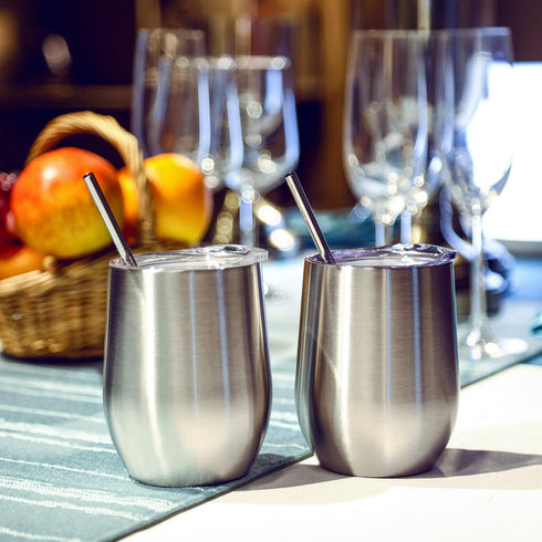 Stainless Steel Wine Glasses, Double Wall Insulated Tumbler with Lid for Wine, Coffee, Drinks, Champagne, Cocktails (Stainless Steel)...