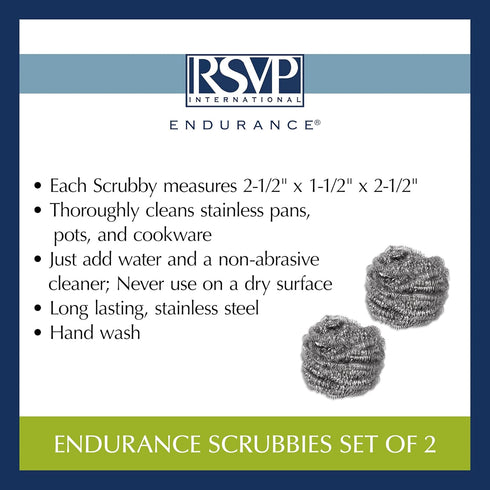 RSVP International Endurance Cleaning Collection Stainless Steel Scrubbies, Heat-Treated, Pressed & Curled, Long Lasting, Non-Rusting, Scrubber, 2...