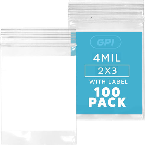 GPI - 2" x 3" - Bulk Pack of 100, 4 Mil Thick, Heavy Duty, Clear Plastic Reclosable Zip Bags, with Write-on White Block for Labeling, Strong & Dur...