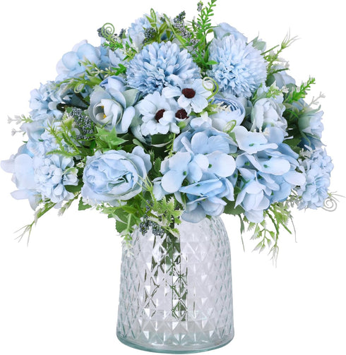Nubry 3pcs Artificial Flowers Bouquet Fake Peony Silk Hydrangea Wildflowers Arrangements with Stems for Wedding Home Centerpieces Decor (Light Blu...