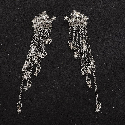 fxmimior Women Bridal Vintage Star Long Tassels Rhinestones Shiny Stud Dangle Earrings Fashion Silver Simple Earrings for Women and Girls (Silver)...
