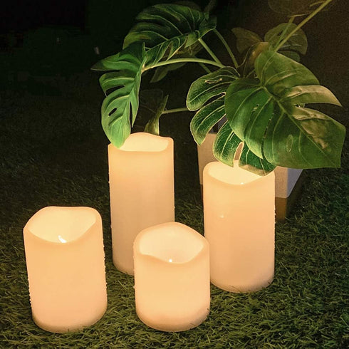 DRomance Flameless Flickering Candles with Remote Timer, Battery Operated Outdoor Waterproof White Plastic LED Pillar Candles Set of 4(3 x 3,4,5,6...