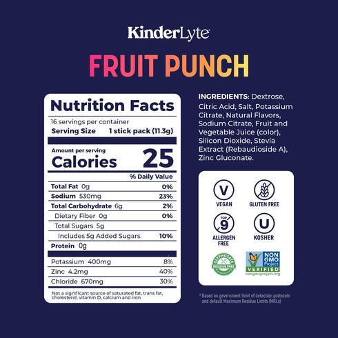 Kinderlyte Electrolyte Powder for Kids and Adults - Drink Mix Hydration Packets (Fruit Punch, 16 Count), No Artificial Sweeteners or Flavors, No S...