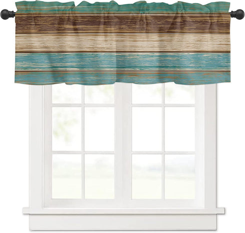 Rustic Farmhouse Valances Curtains for Kitchen Windows, Retro Wood Rod Pocket Curtain Toppers Teal Green Brown Country Short Curtains Treatments f...