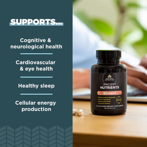Ancient Nutrition Vitamin B Complex Supplement, 8 Balanced B-Vitamins, Supports Healthy Energy Levels, Adaptogenic Herbs, Enzyme Activated, Paleo ...